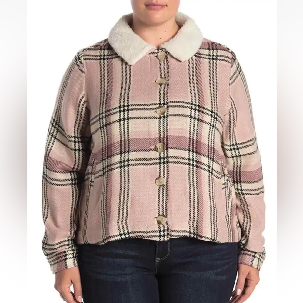 Susina Pink Plaid Shearling Collar Jacket Size 2X